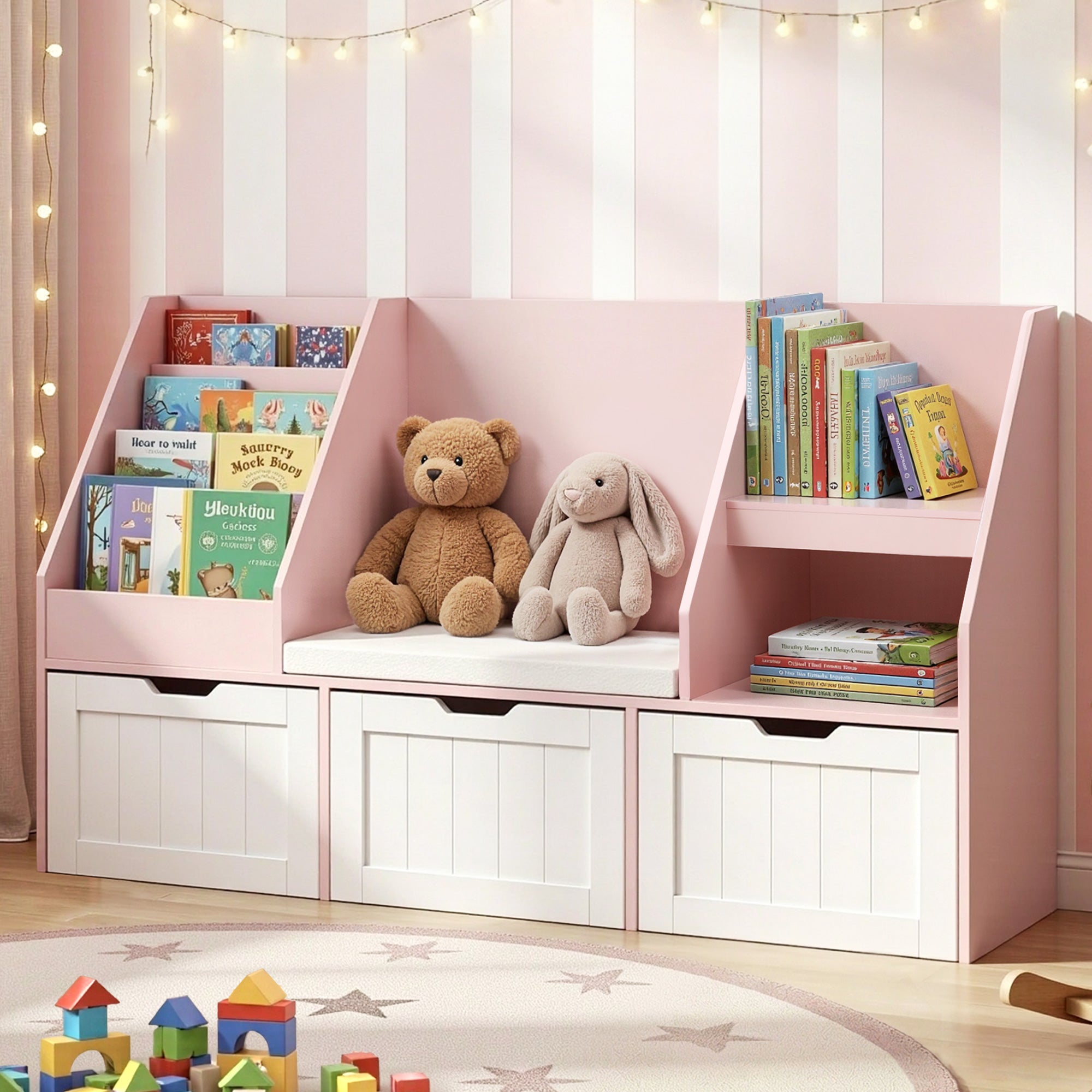 - Kids Bookshelf & Storage Unit with Reading Bench – Pink & White Baby Stork Baby & Kids > Kid's Furniture > Kid's Bookcases & Shelves