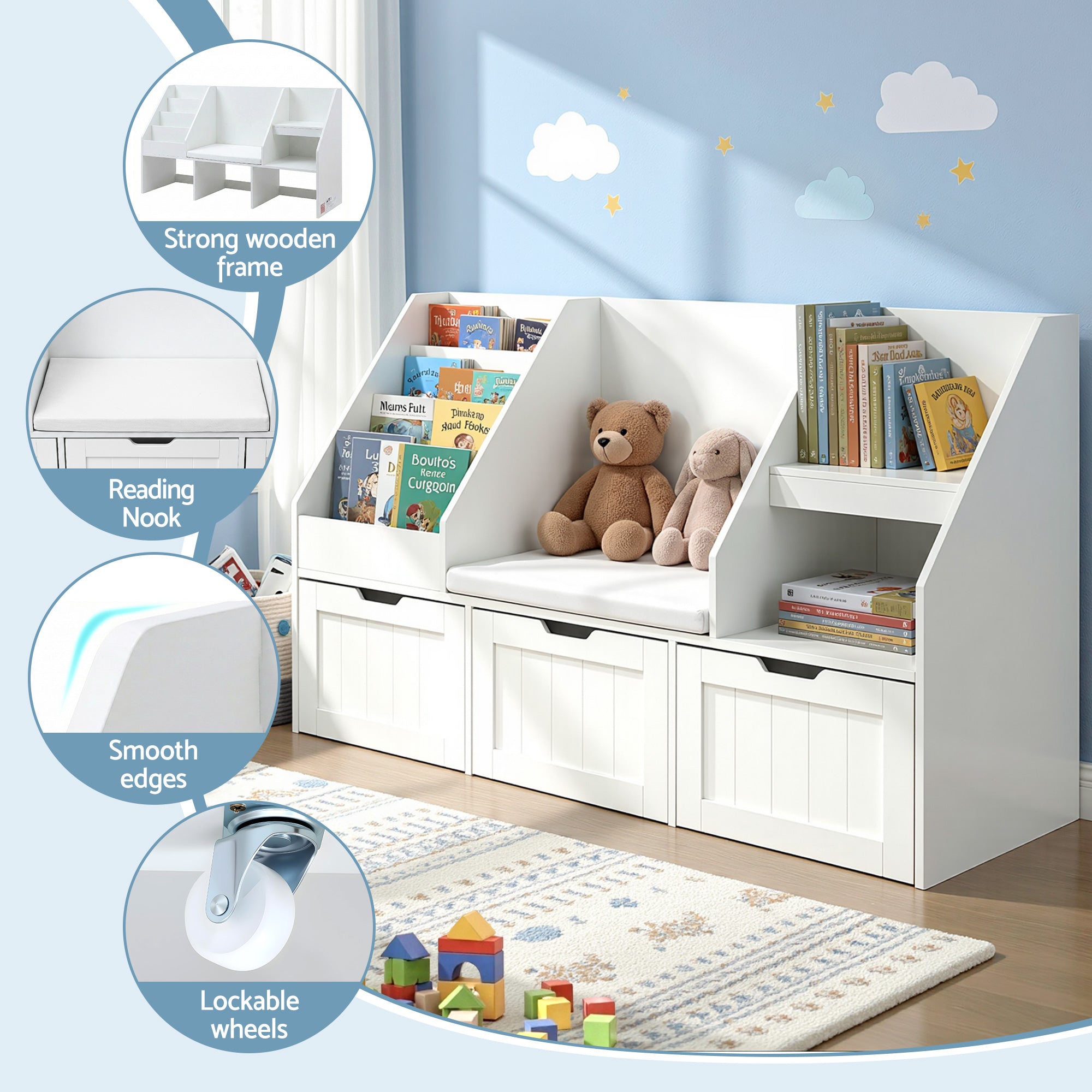 - Kids Bookshelf and Storage Unit with Reading Bench | White Keezi Baby & Kids > Kid's Furniture > Kid's Bookcases & Shelves