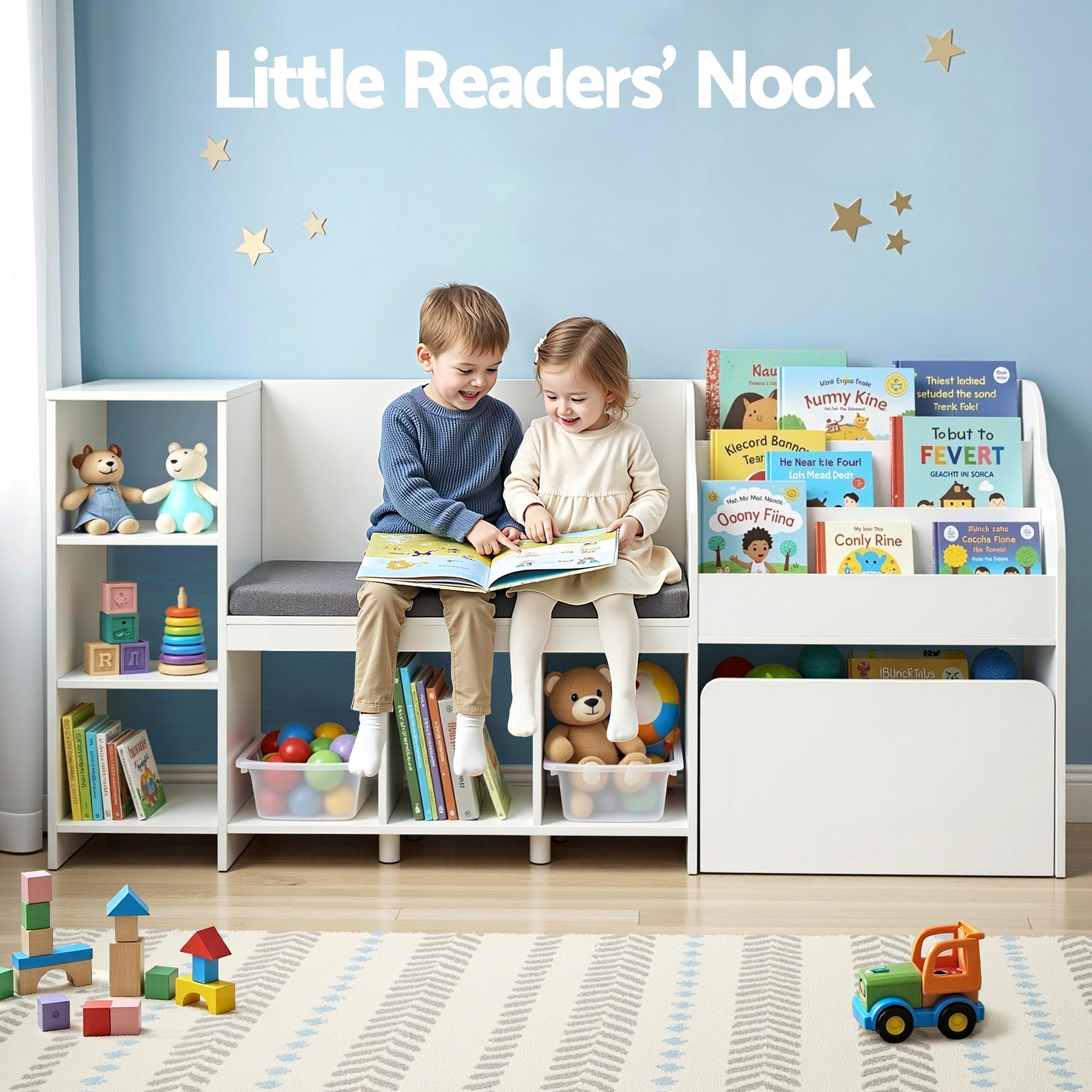 - Kids Storage Unit with Reading Bench and Toy Compartments | White Keezi Baby & Kids > Kid's Furniture > Kid's Bookcases & Shelves