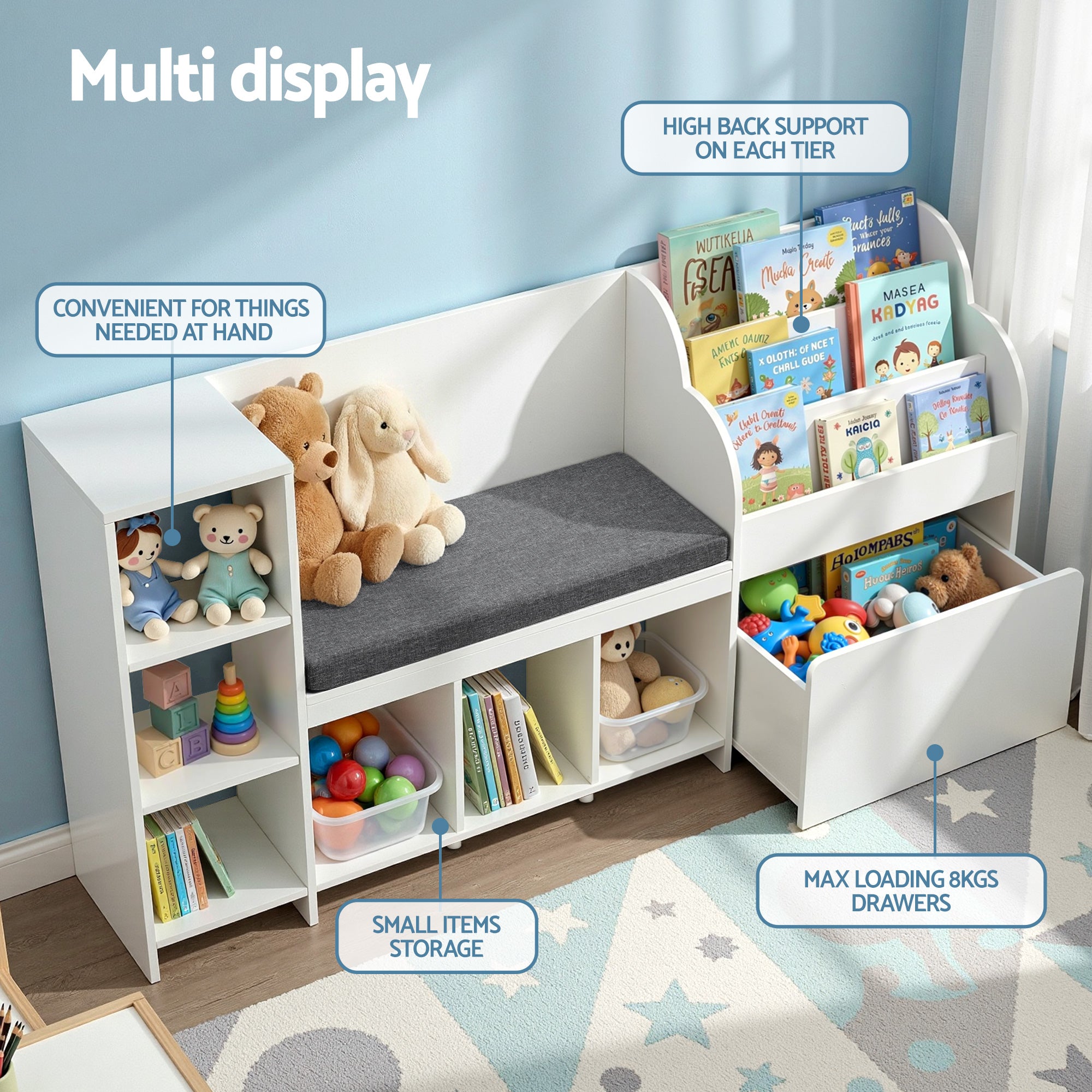 - Kids Storage Unit with Reading Bench and Toy Compartments | White Keezi Baby & Kids > Kid's Furniture > Kid's Bookcases & Shelves