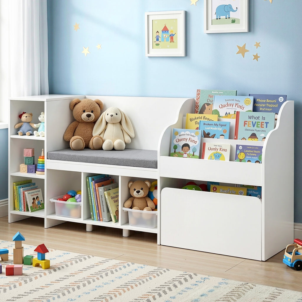 Kids Storage Unit with Reading Bench and Toy Compartments for Ages 3 ...
