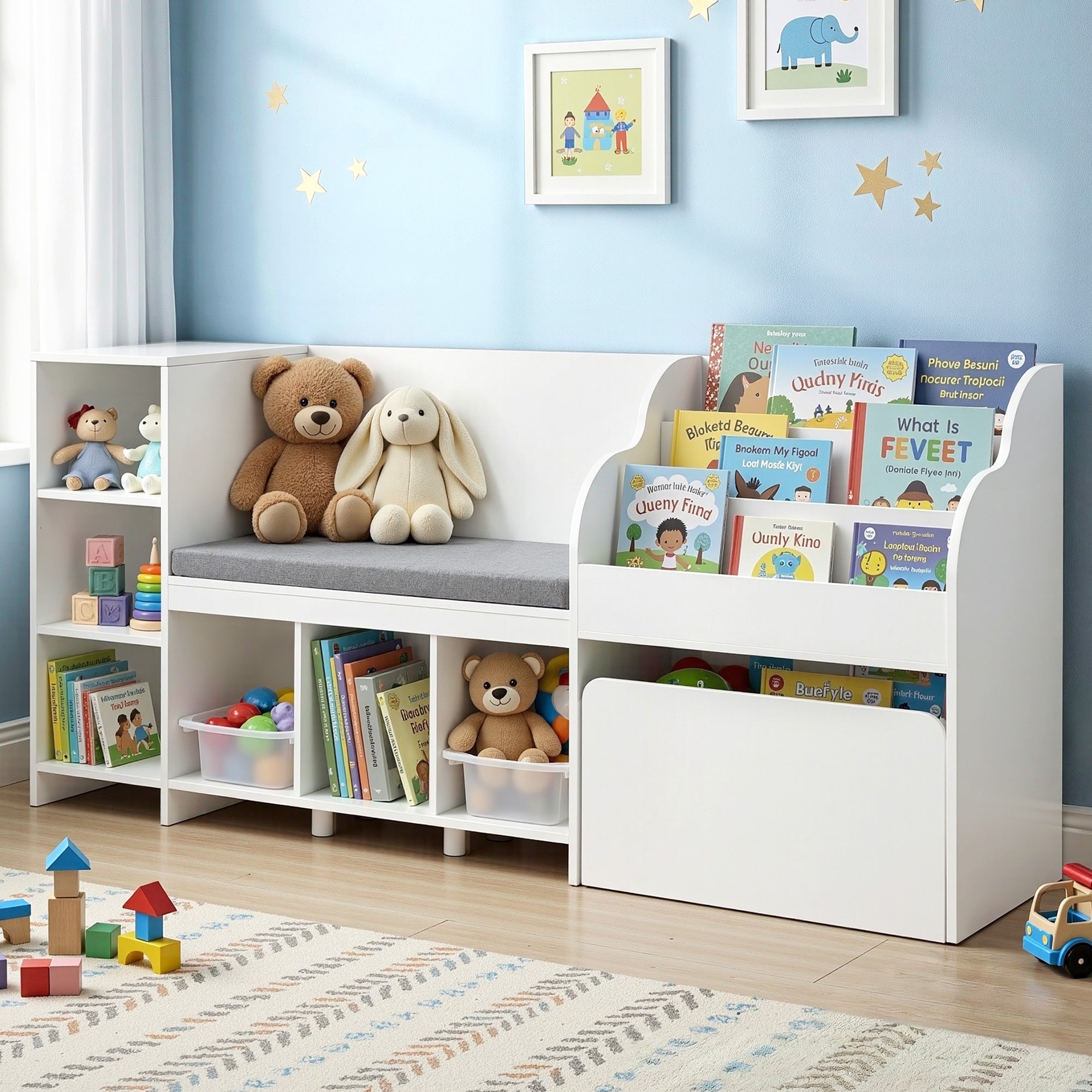 - Kids Storage Unit with Reading Bench and Toy Compartments | White Keezi Baby & Kids > Kid's Furniture > Kid's Bookcases & Shelves