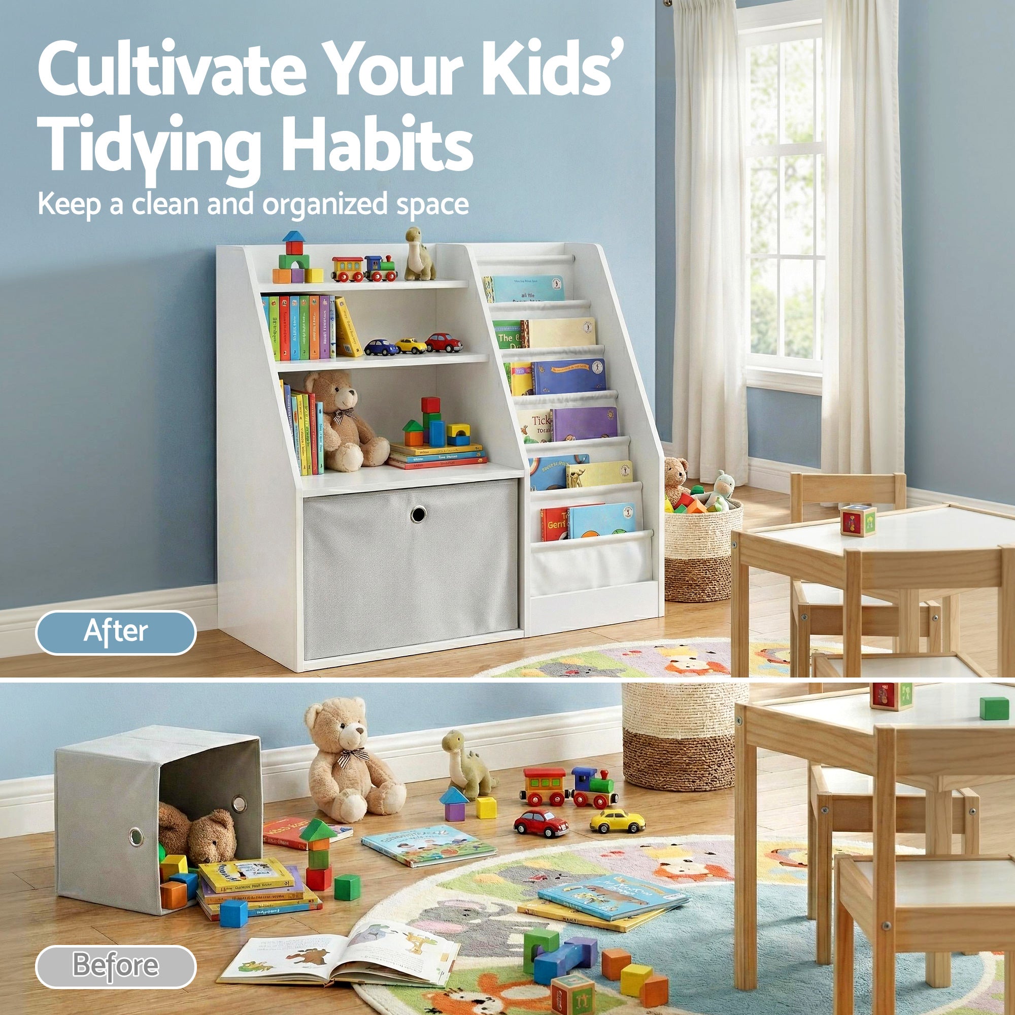 - Kids Bookshelf with Fabric Book Sling & Drawer | White Storage Organiser Keezi Baby & Kids > Kid's Furniture > Kid's Bookcases & Shelves