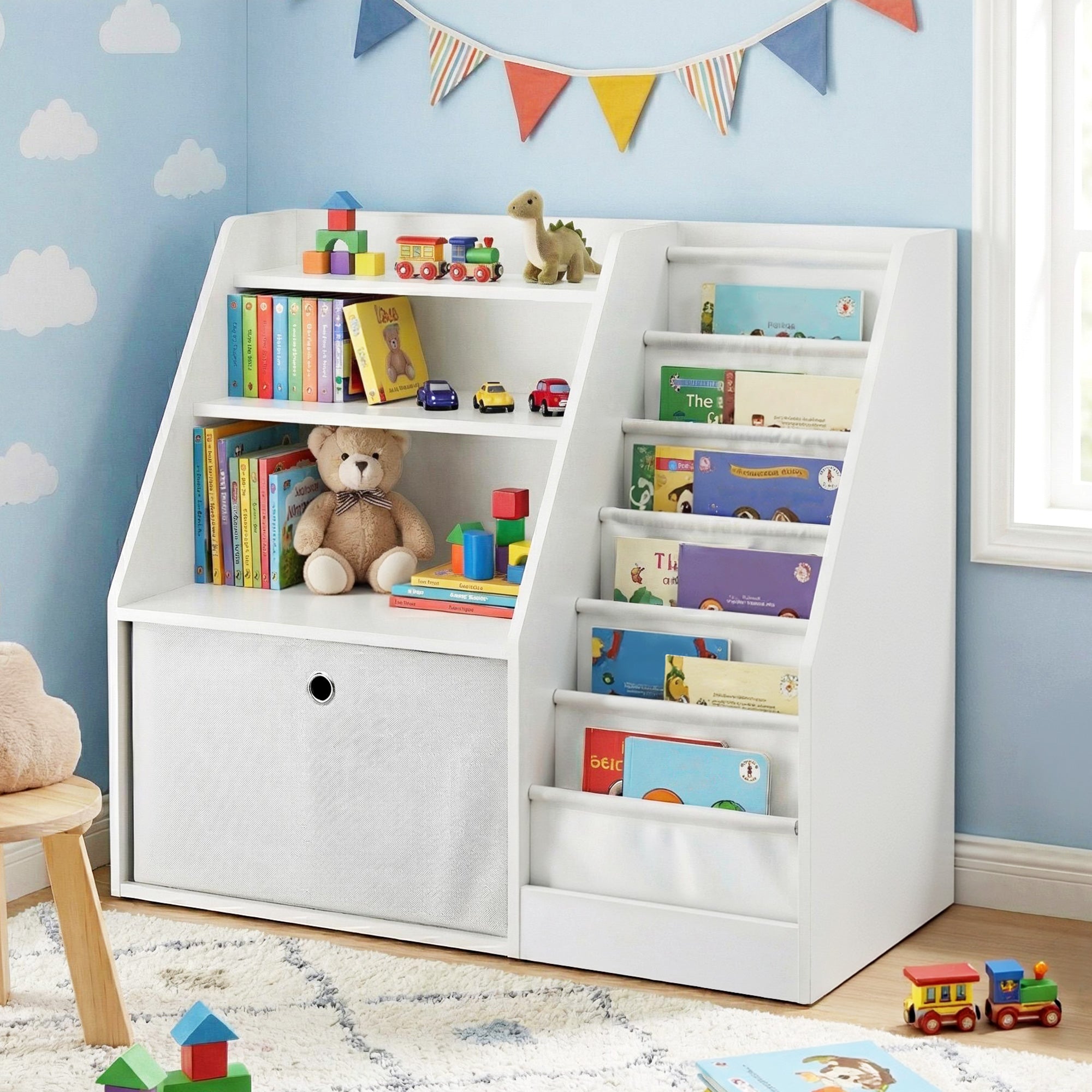 - Kids Bookshelf with Fabric Book Sling & Drawer | White Storage Organiser Keezi Baby & Kids > Kid's Furniture > Kid's Bookcases & Shelves