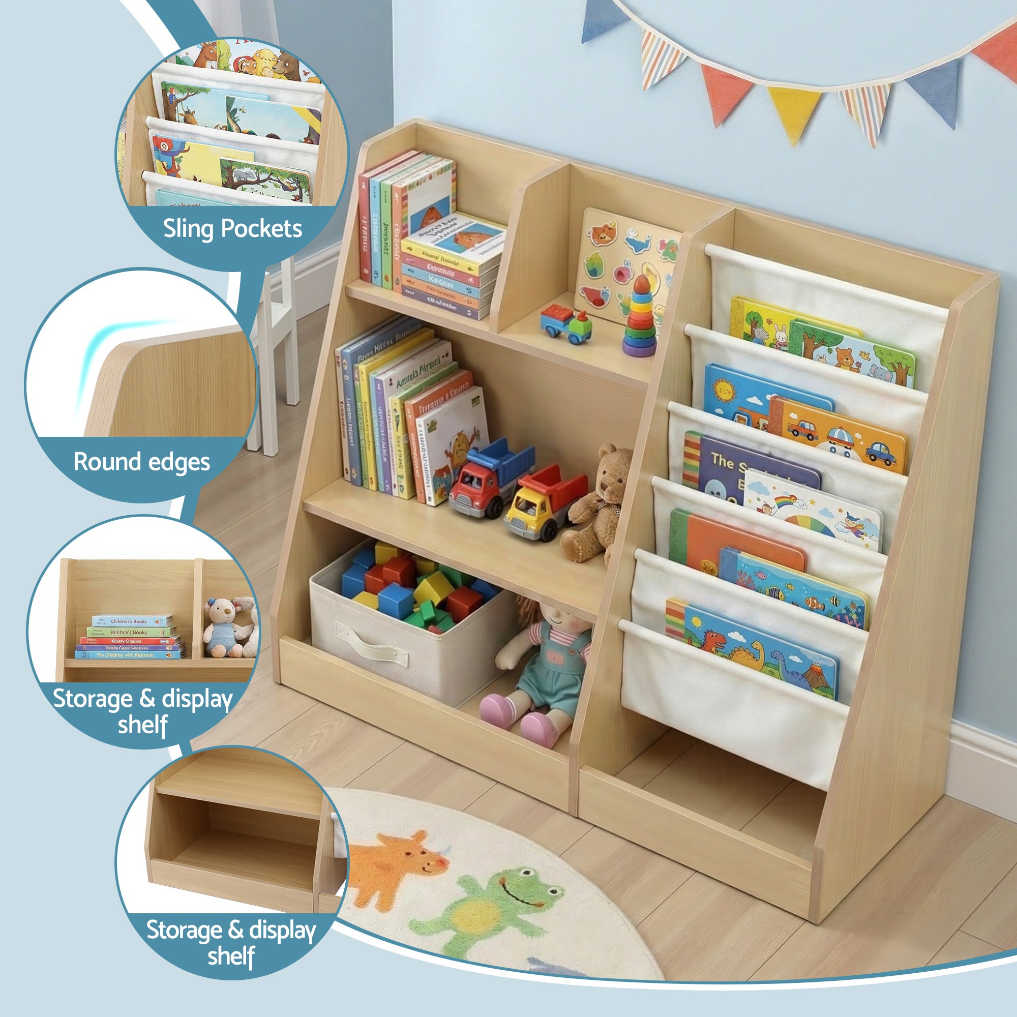 - Bookshelf with Sling, Drawer & Open Shelves | Wooden Storage Organiser for Playroom Baby Stork Baby & Kids > Kid's Furniture > Kid's Bookcases & Shelves