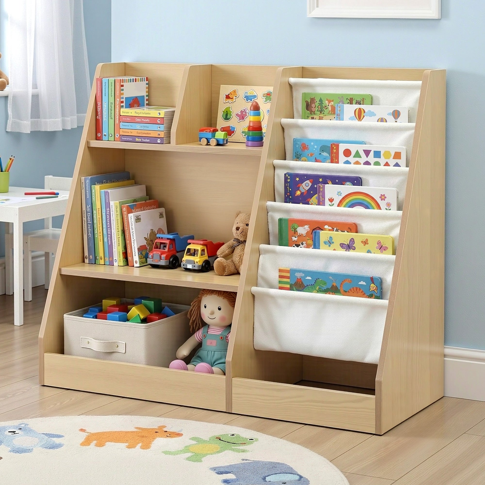 - Bookshelf with Sling, Drawer & Open Shelves | Wooden Storage Organiser for Playroom Baby Stork Baby & Kids > Kid's Furniture > Kid's Bookcases & Shelves