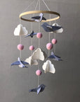 - Birds & Clouds Felt Baby Mobile – Handmade Nursery Hanging with Pink Wool Balls and Wooden Ring Baby Stork Baby Mobile