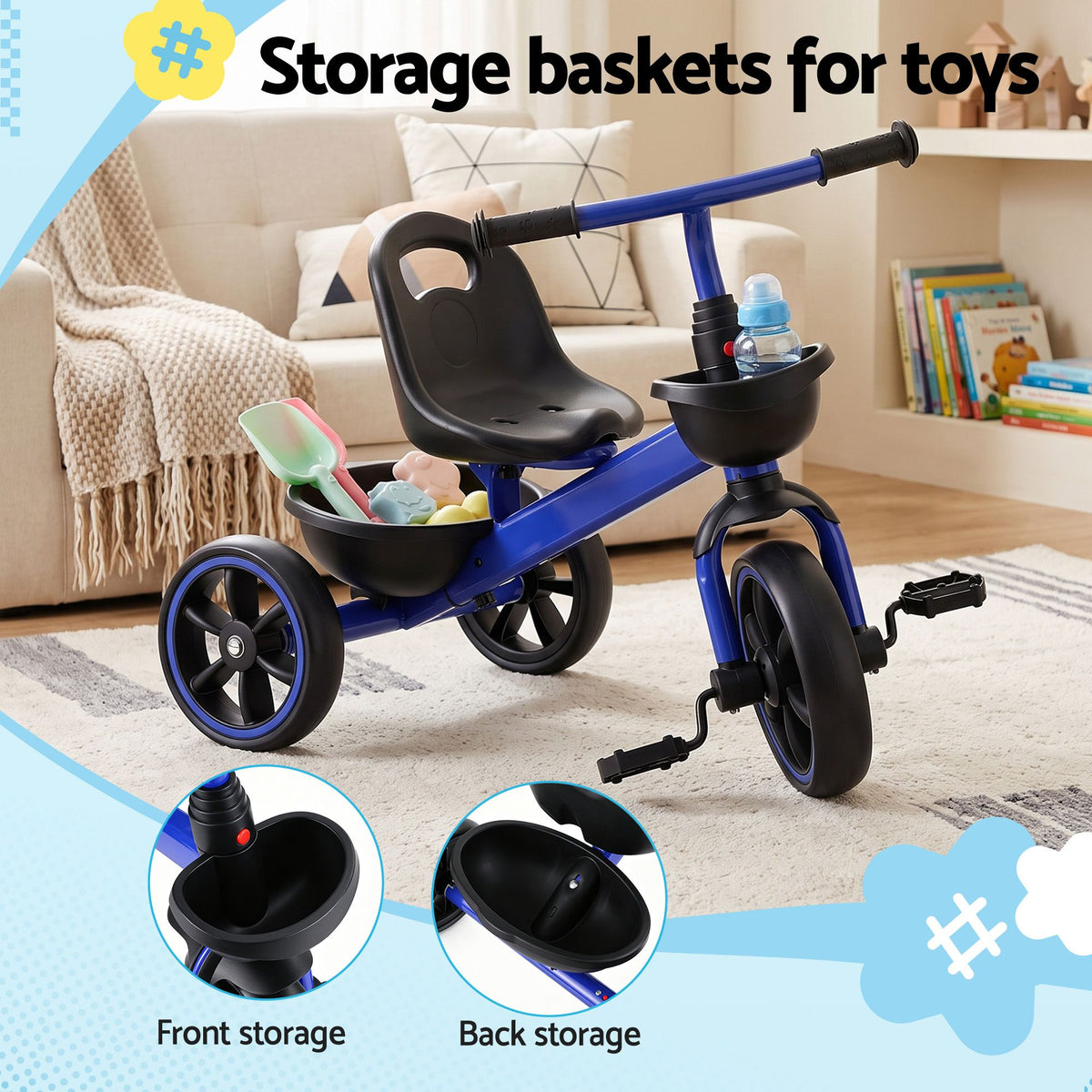 - RIGO Tricycle Bike, Kids Bike with 3 wheels, basket Carbon Steel 68cm Blue Baby Stork Baby &amp; Kids > Ride On Cars, Go-karts &amp; Bikes > Bikes &amp; Scooters