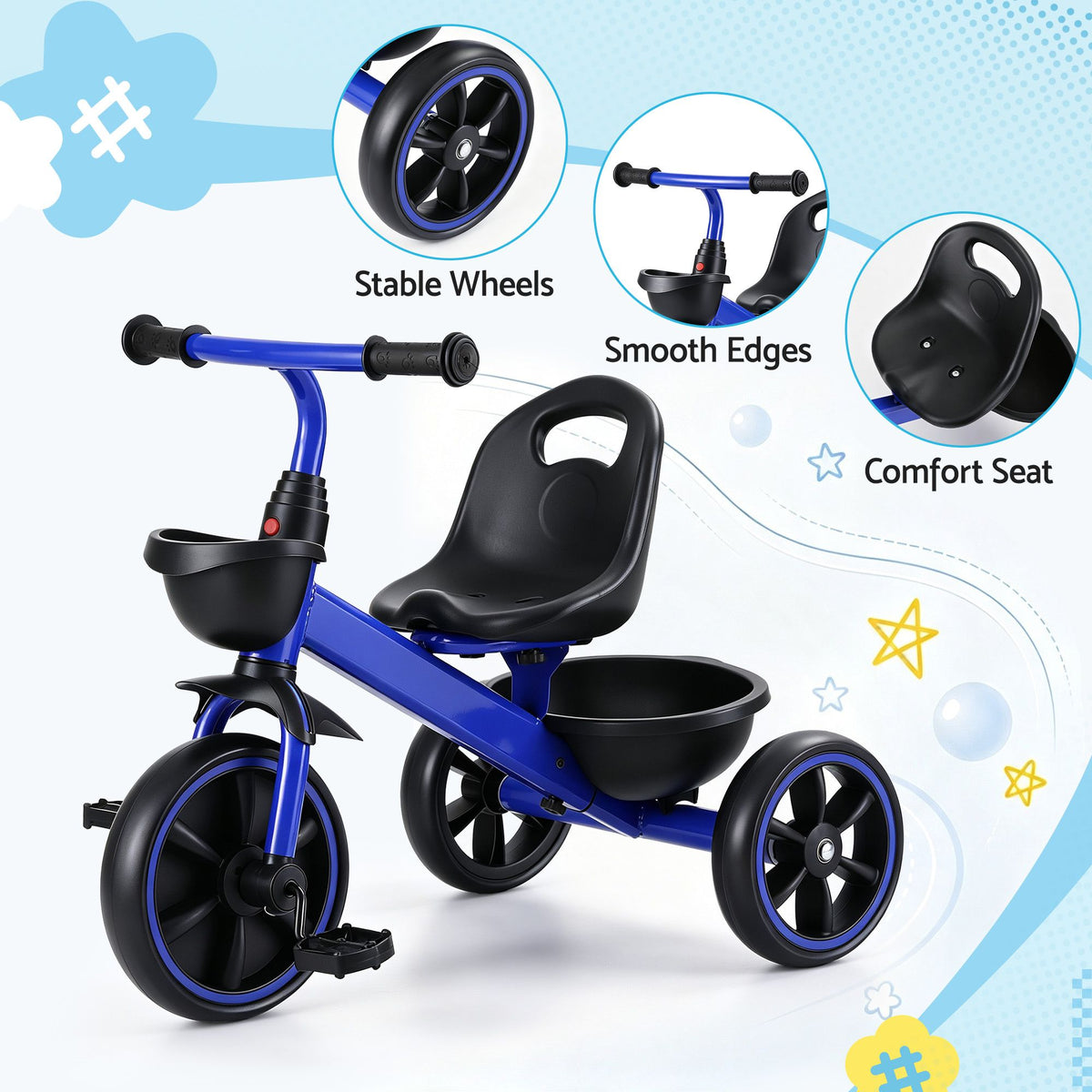 - RIGO Tricycle Bike, Kids Bike with 3 wheels, basket Carbon Steel 68cm Blue Baby Stork Baby &amp; Kids > Ride On Cars, Go-karts &amp; Bikes > Bikes &amp; Scooters