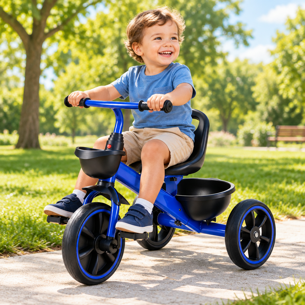RIGO Kids Tricycle Bike with Basket &amp; Puncture-Proof Wheels - Blue