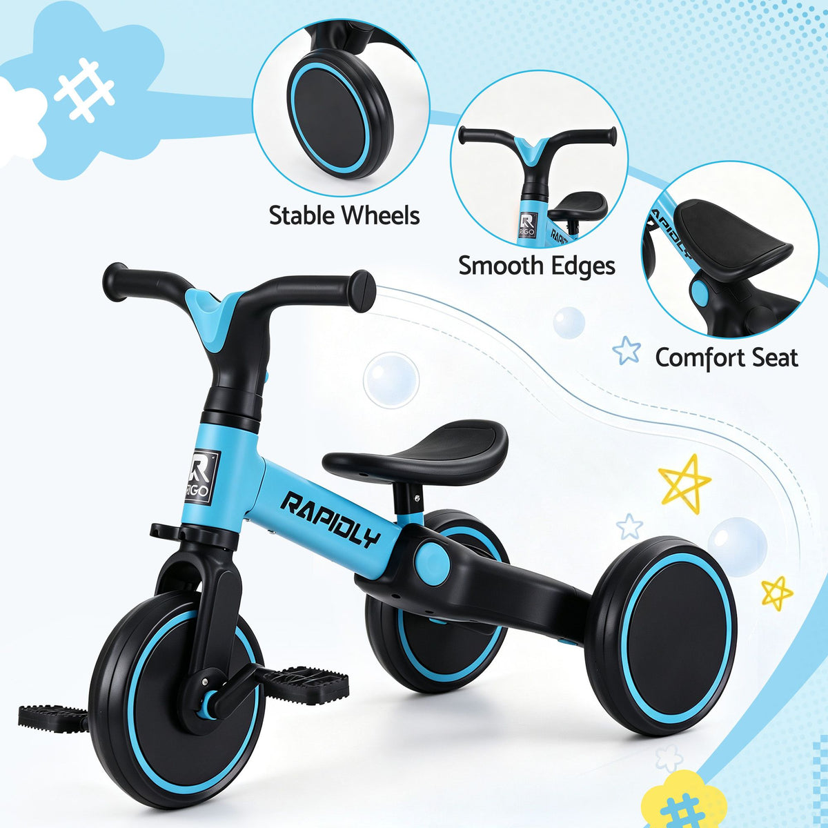 - RIGO Tricycle Bike, Kids Bike with 3 wheels, Carbon Steel 70cm Blue Baby Stork Baby &amp; Kids > Ride On Cars, Go-karts &amp; Bikes > Bikes &amp; Scooters