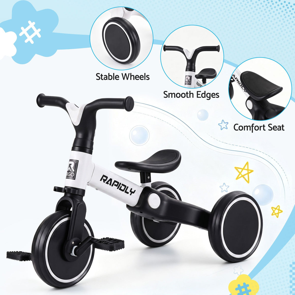 - RIGO Tricycle Bike, Kids Bike with 3 wheels, Carbon Steel 70cm White Baby Stork Baby &amp; Kids > Ride On Cars, Go-karts &amp; Bikes > Bikes &amp; Scooters