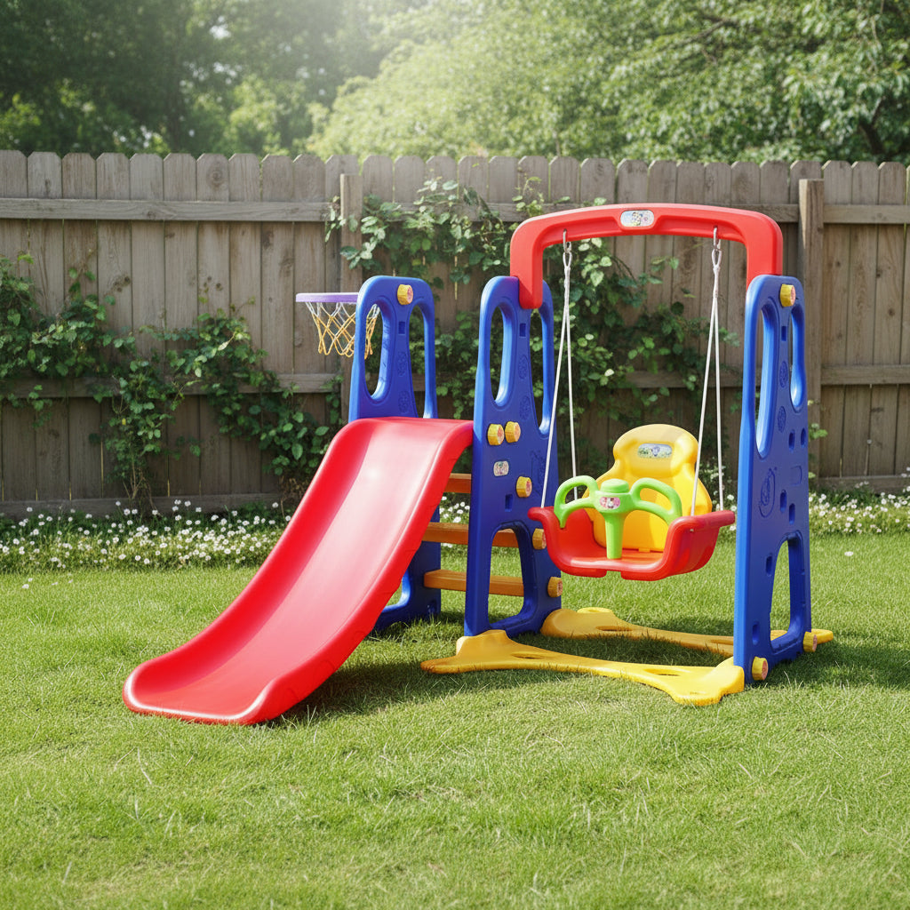 - Kids 3-in-1 Slide & Swing Playset with Basketball Hoop | Indoor & Outdoor Playground Keezi Baby & Kids > Baby & Kid's Toys > Outdoor Play Equipment