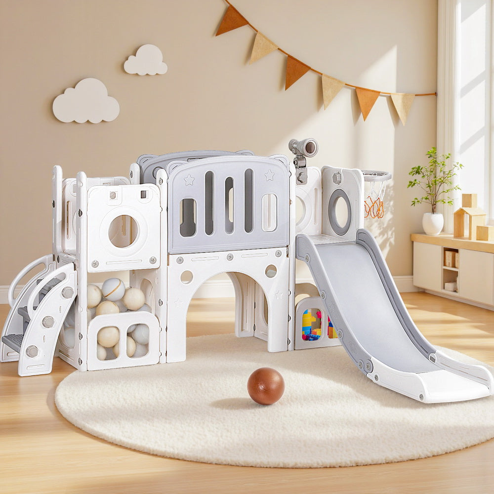 - Keezi Kids Slide Play Centre with Ball Hoop - Grey & White KINGSTON Baby & Kids > Baby & Kid's Toys > Outdoor Play Equipment