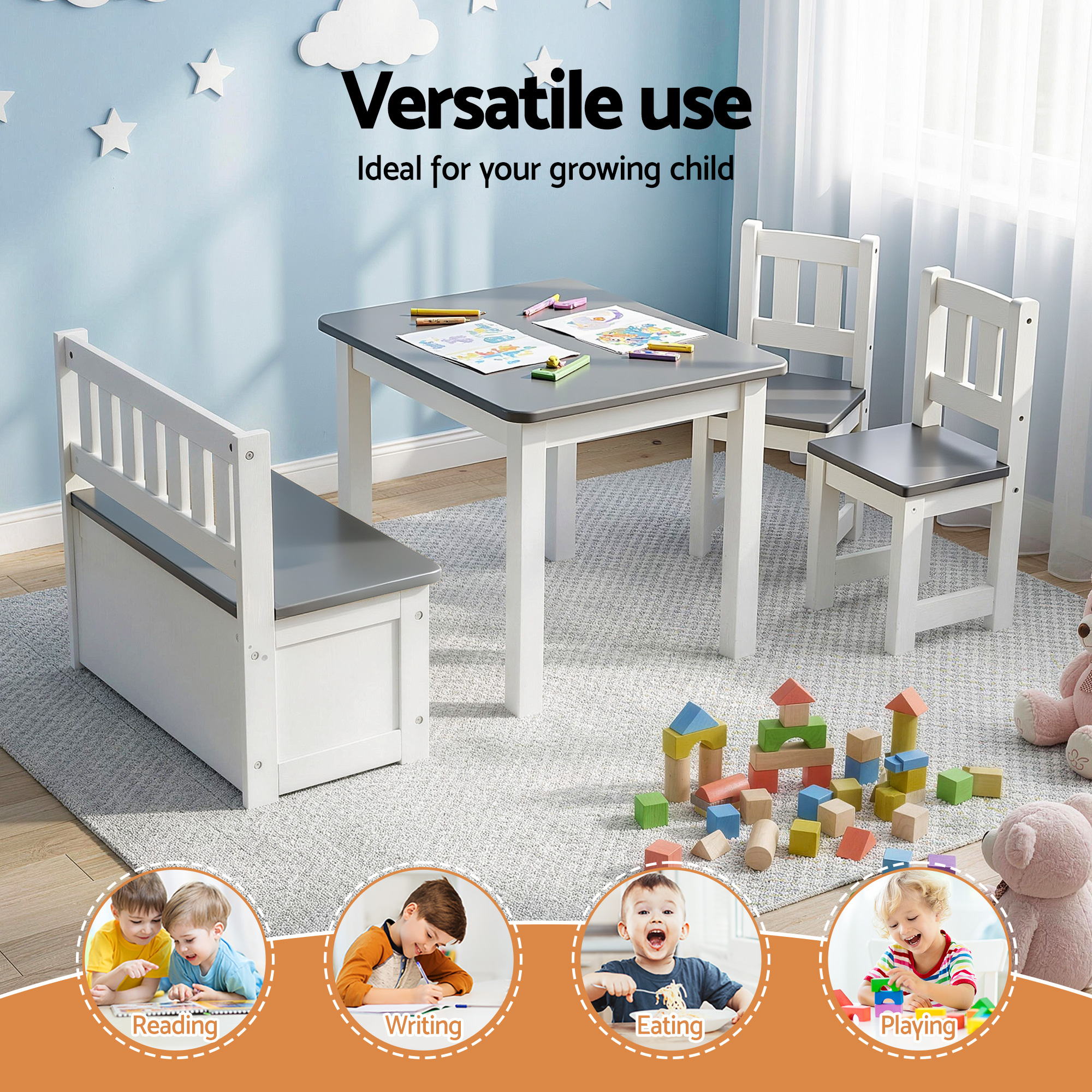 - Kids Activity Table Set with Chairs and Storage Bench | White and Grey Baby Stork Baby & Kids > Kid's Furniture > Kid's Tables, Chairs & Seats