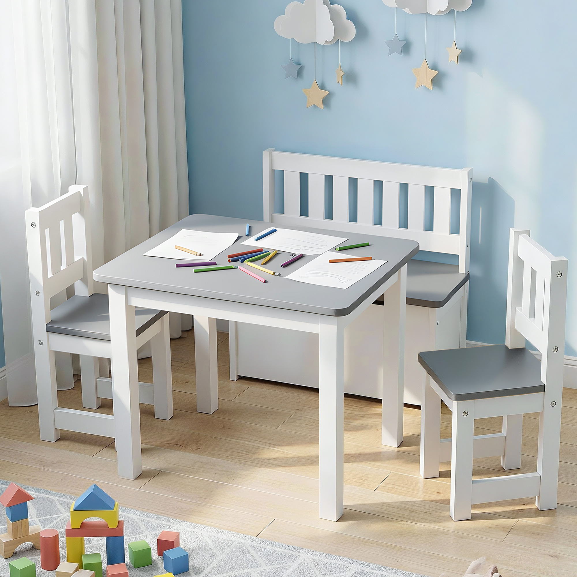 - Kids Activity Table Set with Chairs and Storage Bench | White and Grey Baby Stork Baby & Kids > Kid's Furniture > Kid's Tables, Chairs & Seats
