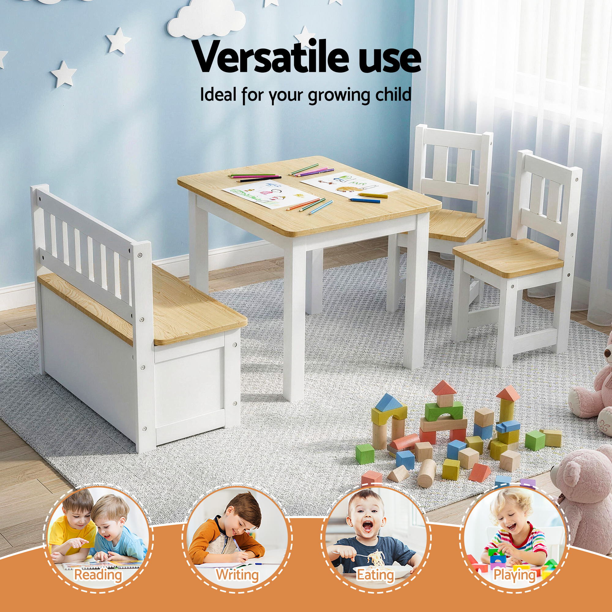 - Activity Table Set with Chairs and Storage Bench | White and Natural Baby Stork Baby & Kids > Kid's Furniture > Kid's Tables, Chairs & Seats