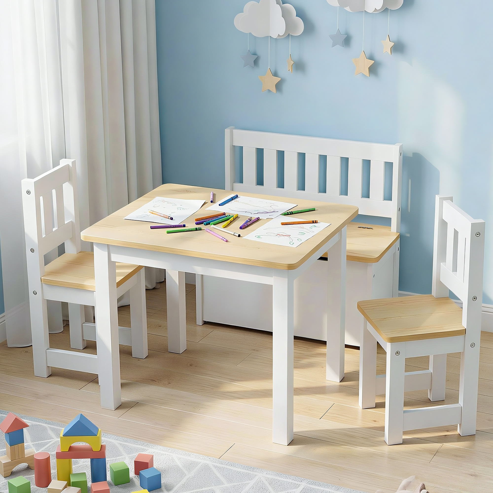 - Activity Table Set with Chairs and Storage Bench | White and Natural Baby Stork Baby & Kids > Kid's Furniture > Kid's Tables, Chairs & Seats