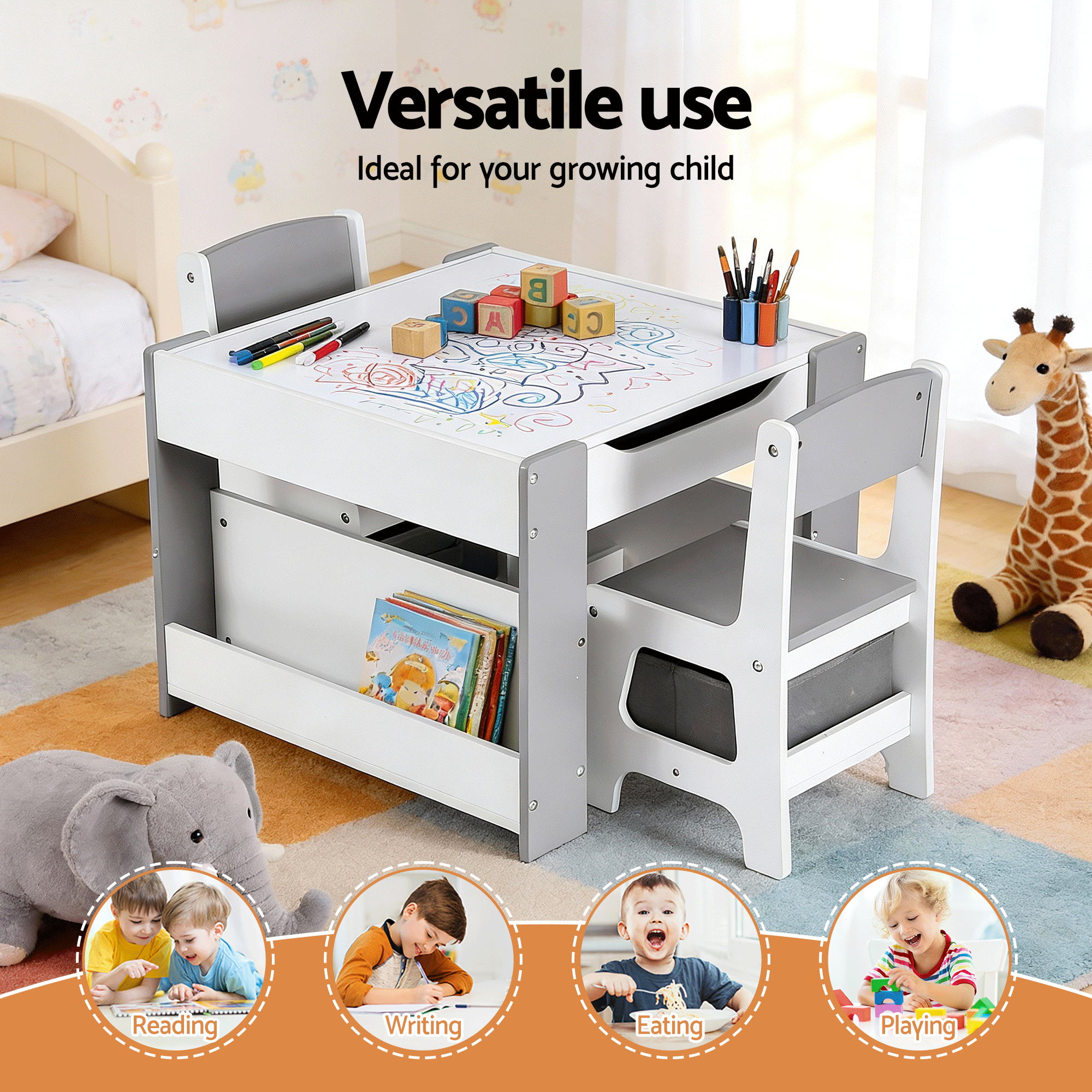 - Kids Table and Chair Set with Storage, Reversible Whiteboard & Blackboard | 2 Chairs Baby Stork Baby & Kids > Kid's Furniture > Kid's Tables, Chairs & Seats