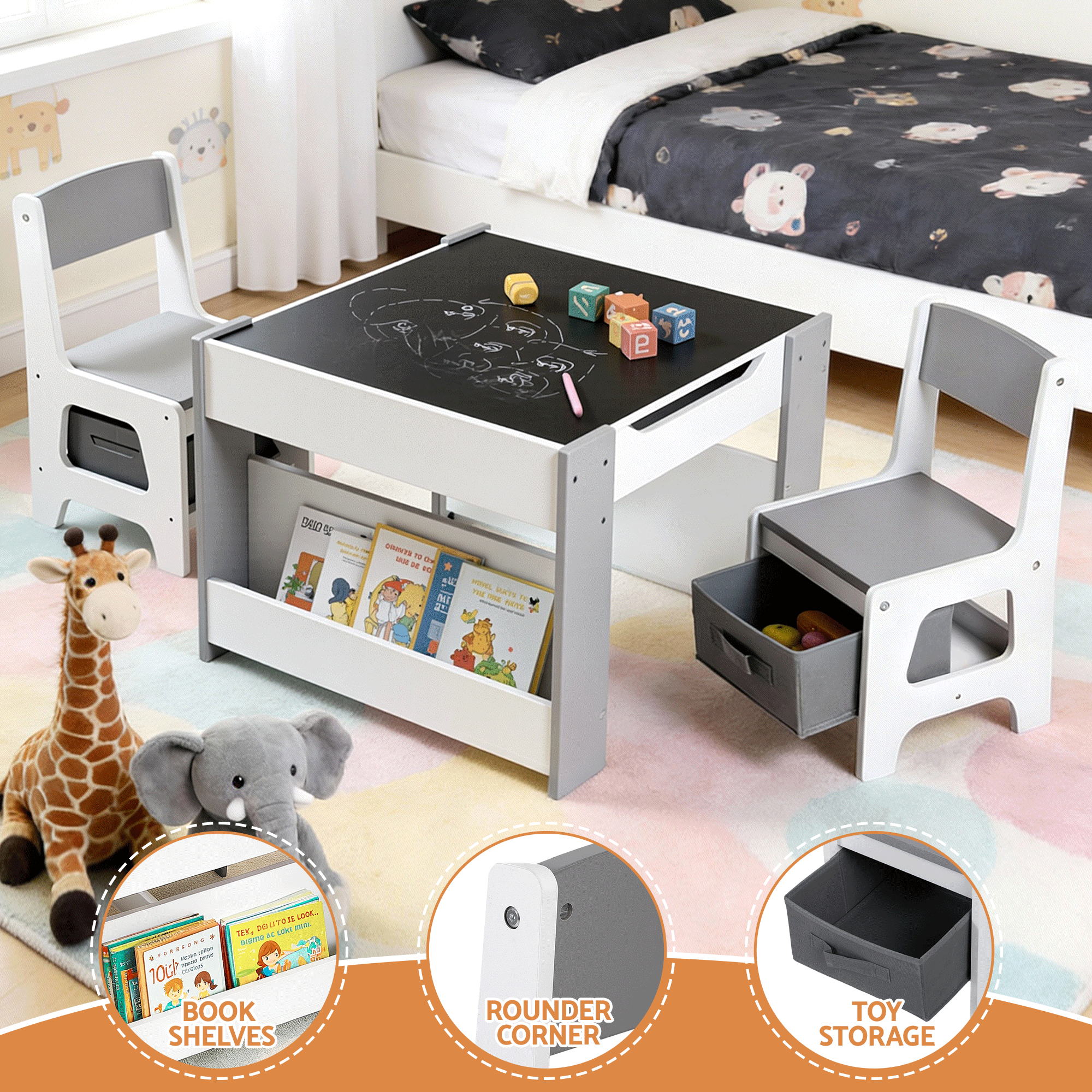 - Kids Table and Chair Set with Storage, Reversible Whiteboard & Blackboard | 2 Chairs Baby Stork Baby & Kids > Kid's Furniture > Kid's Tables, Chairs & Seats