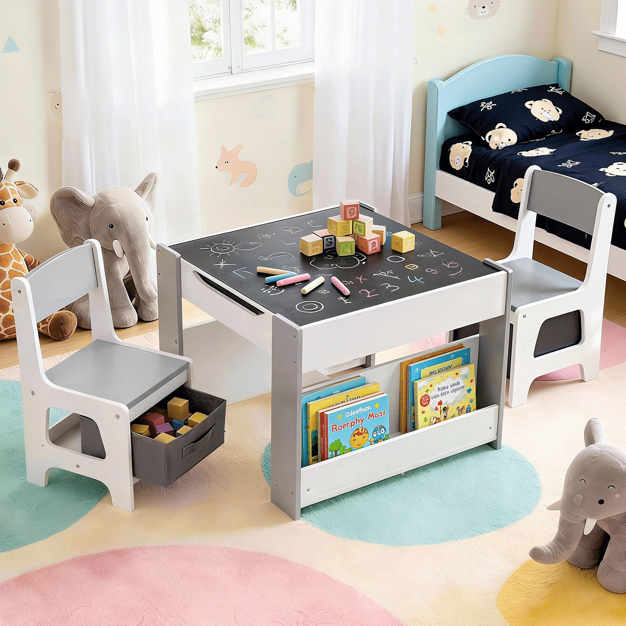 - Kids Table and Chair Set with Storage, Reversible Whiteboard & Blackboard | 2 Chairs Baby Stork Baby & Kids > Kid's Furniture > Kid's Tables, Chairs & Seats