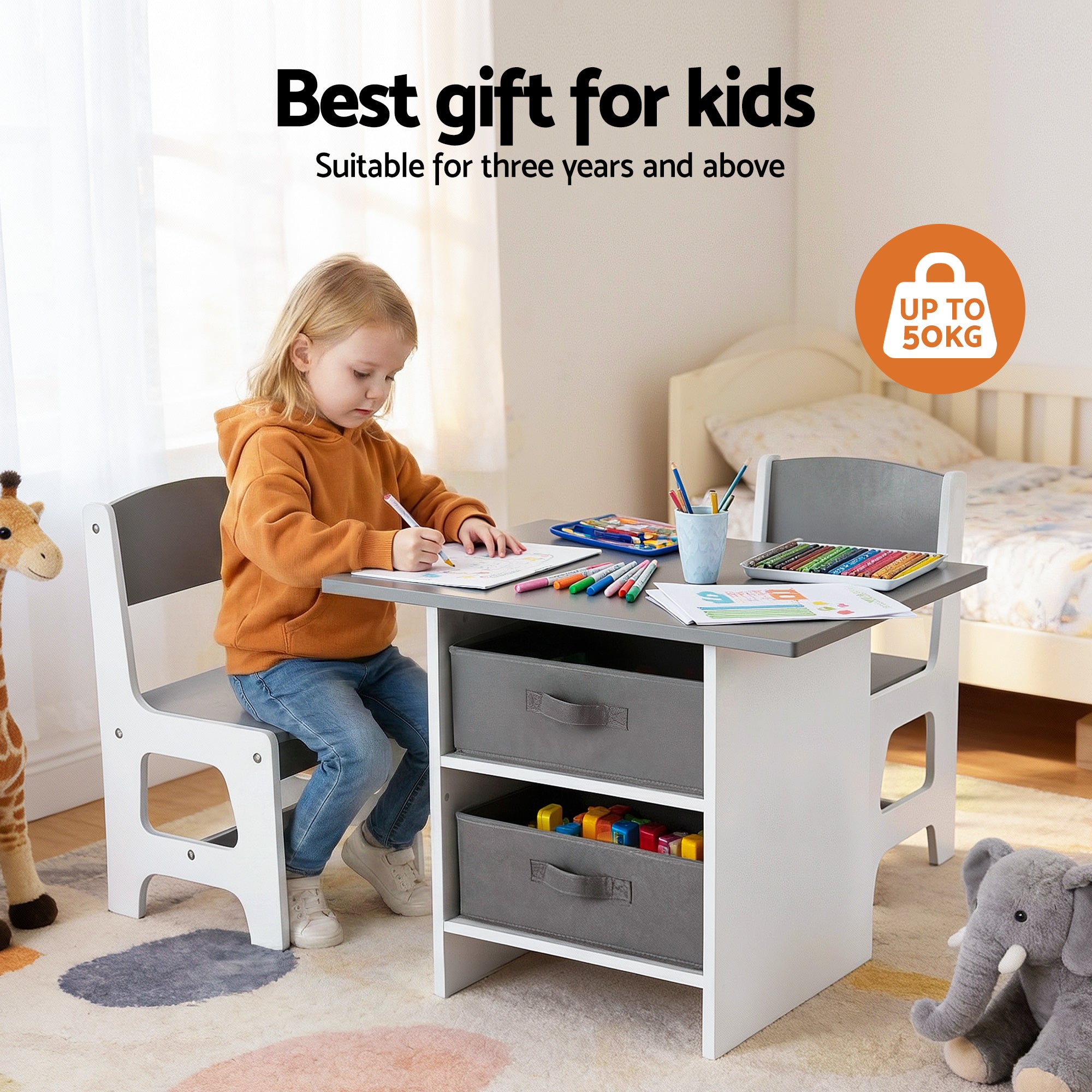 - Kids Table and Chair Set with Storage Drawers | White and Grey Keezi Baby & Kids > Kid's Furniture > Kid's Tables, Chairs & Seats