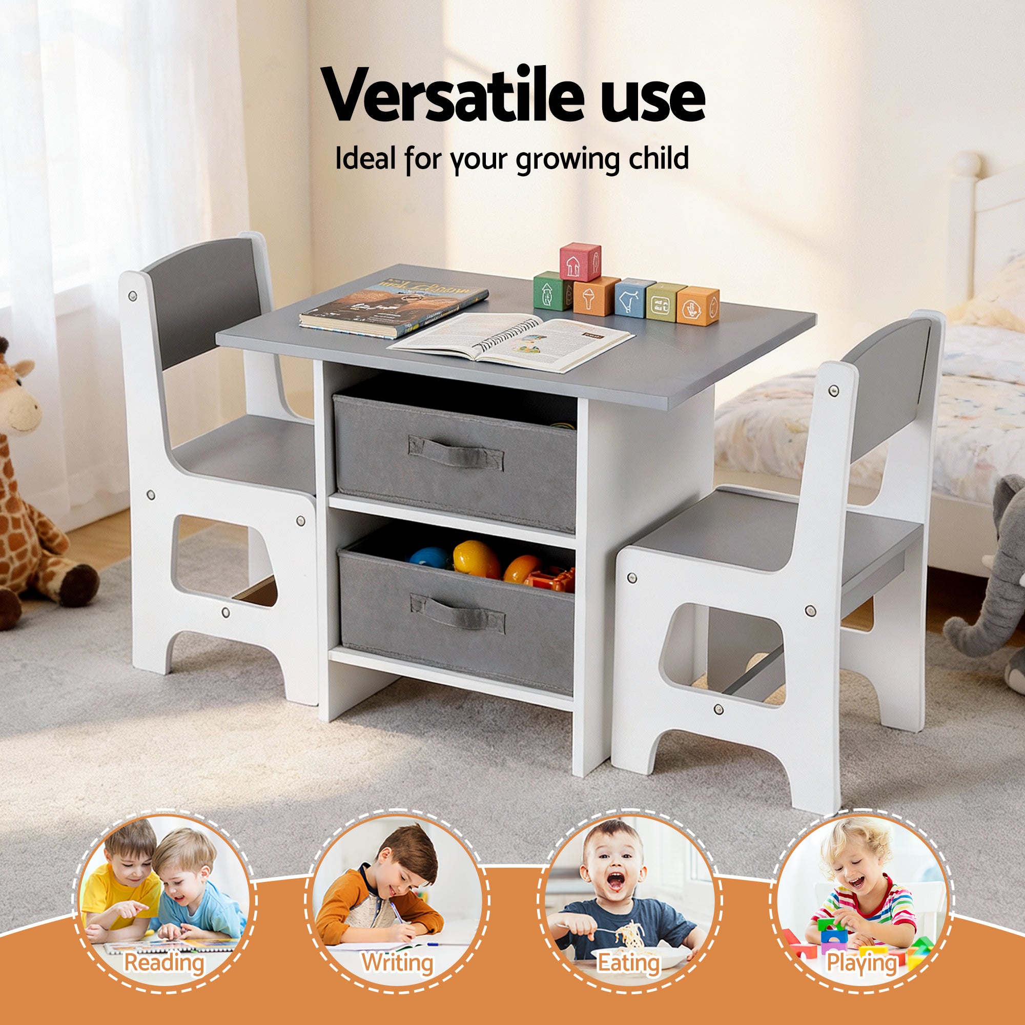 - Kids Table and Chair Set with Storage Drawers | White and Grey Keezi Baby & Kids > Kid's Furniture > Kid's Tables, Chairs & Seats