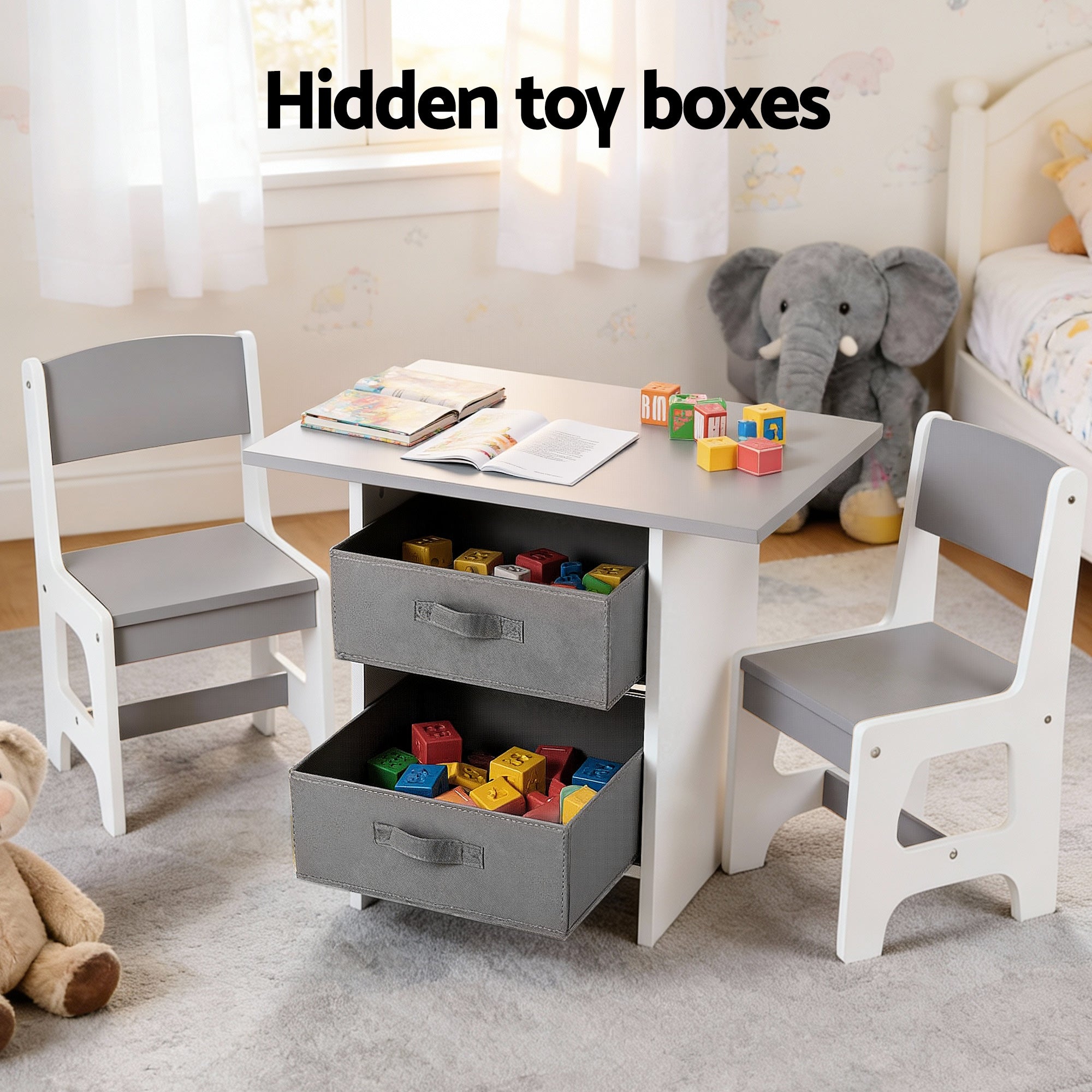 - Kids Table and Chair Set with Storage Drawers | White and Grey Keezi Baby & Kids > Kid's Furniture > Kid's Tables, Chairs & Seats
