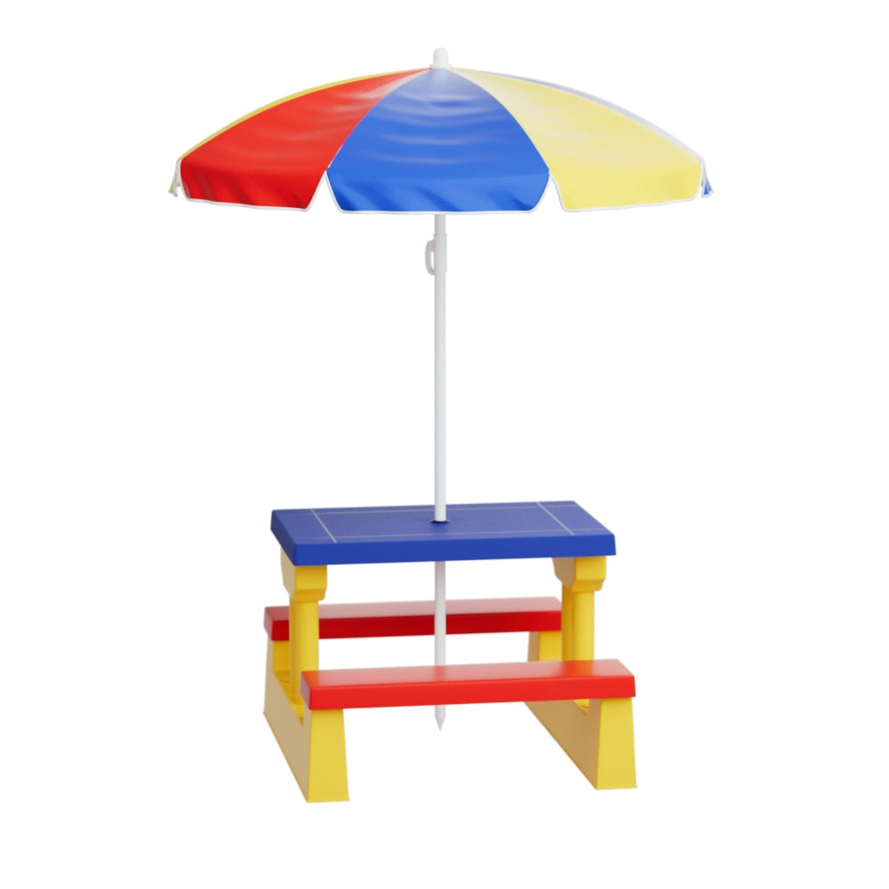 - Keezi Kids Picnic Table &amp; Bench Set with Umbrella - Multicoloured Keezi Baby &amp; Kids > Kid's Furniture > Kid's Tables, Chairs &amp; Seats