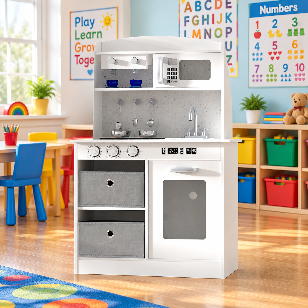 - Keezi Wooden Play Kitchen with Coffee Machine - Black & White Keezi Baby & Kids > Baby & Kid's Toys > Pretend Play