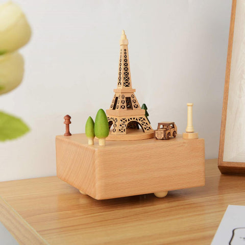 - Handcrafted Paris Eiffel Tower Wooden Music Box – Whimsical Keepsake with Rotating Car Baby Stork Music Box
