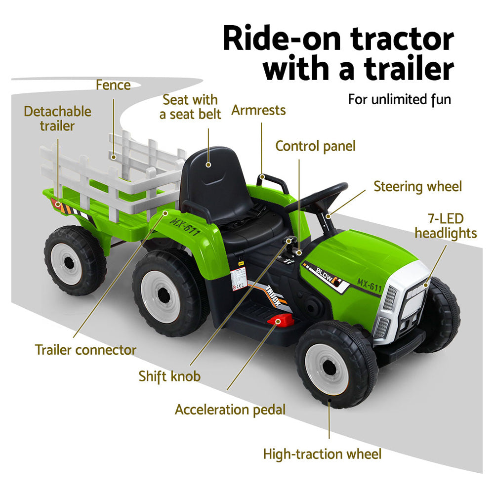 - Electric Electric Ride On Tractor with Trailer | 12V – Green Baby Stork Baby &amp; Kids &gt; Ride On Cars, Go-karts &amp; Bikes &gt; Ride On Cars