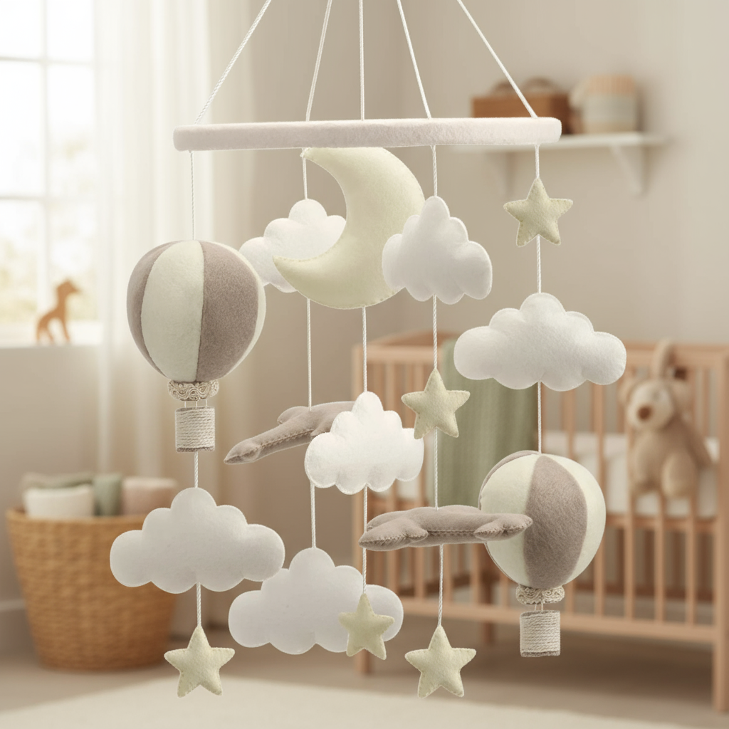 - Felt Hot Air Balloon & Airplane Mobile – Neutral Sky Theme Baby Stork