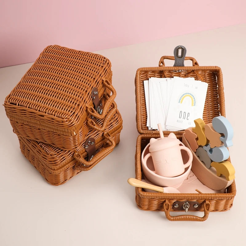- Premium Baby Keepsake Hamper | Wicker Case, Silicone Feeding Set, Stacking Toy & Milestone Cards Gift Box Baby Stork Gifting
