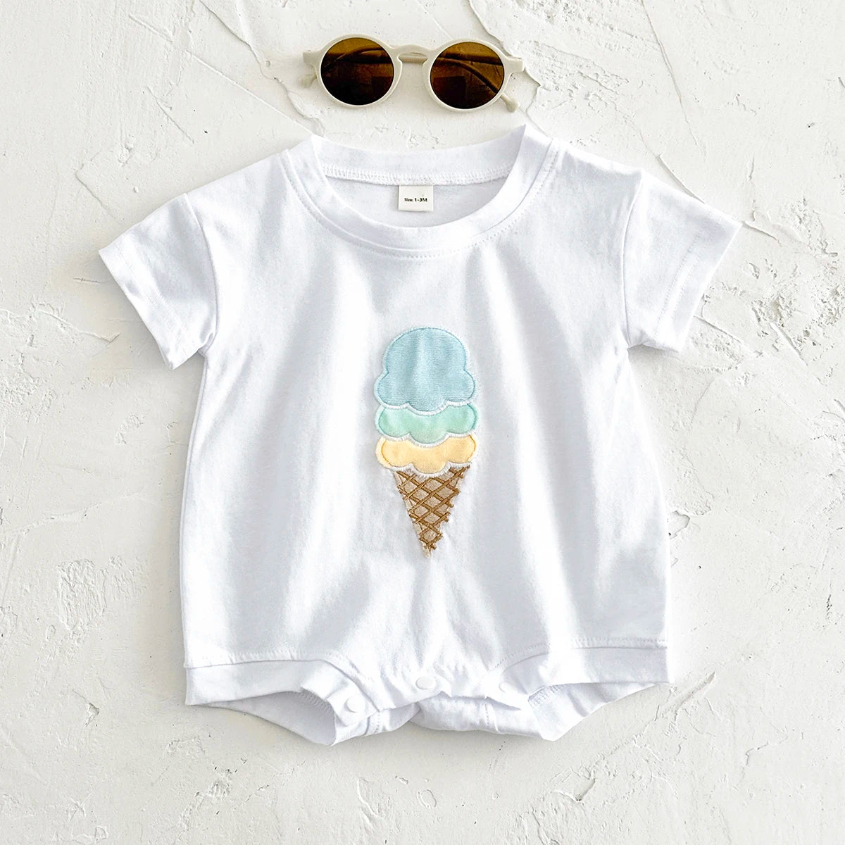 Blue - Ice Cream Embroidered Baby Romper – 100% Cotton Bodysuit Baby Stork