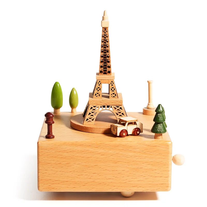 - Handcrafted Paris Eiffel Tower Wooden Music Box – Whimsical Keepsake with Rotating Car Baby Stork Music Box