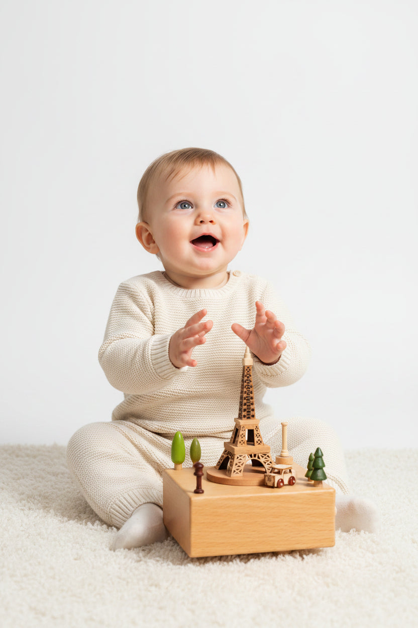 - Handcrafted Paris Eiffel Tower Wooden Music Box – Whimsical Keepsake with Rotating Car Baby Stork Music Box