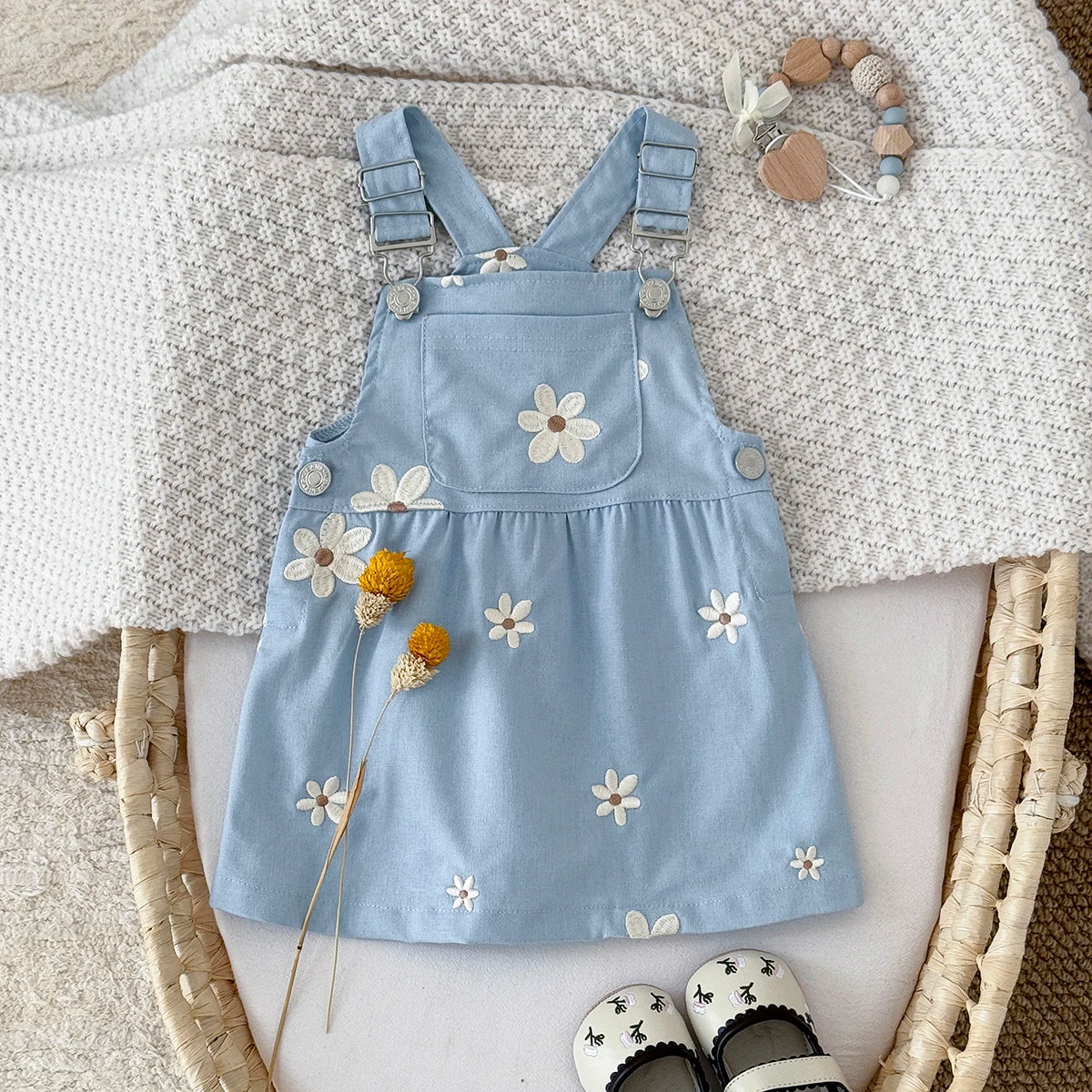 2-3Y - Blue Daisy Overall Dress Baby Stork