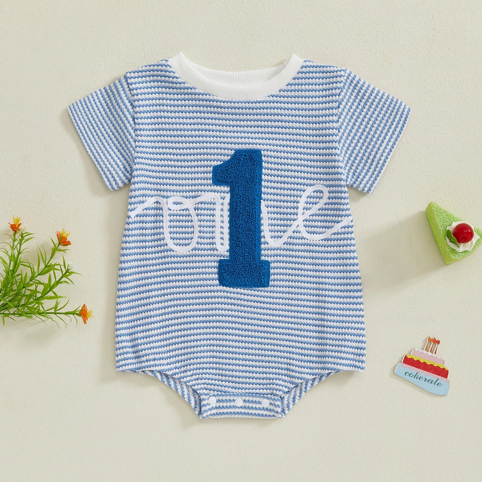 Blue - “One” First Birthday Romper Baby Stork