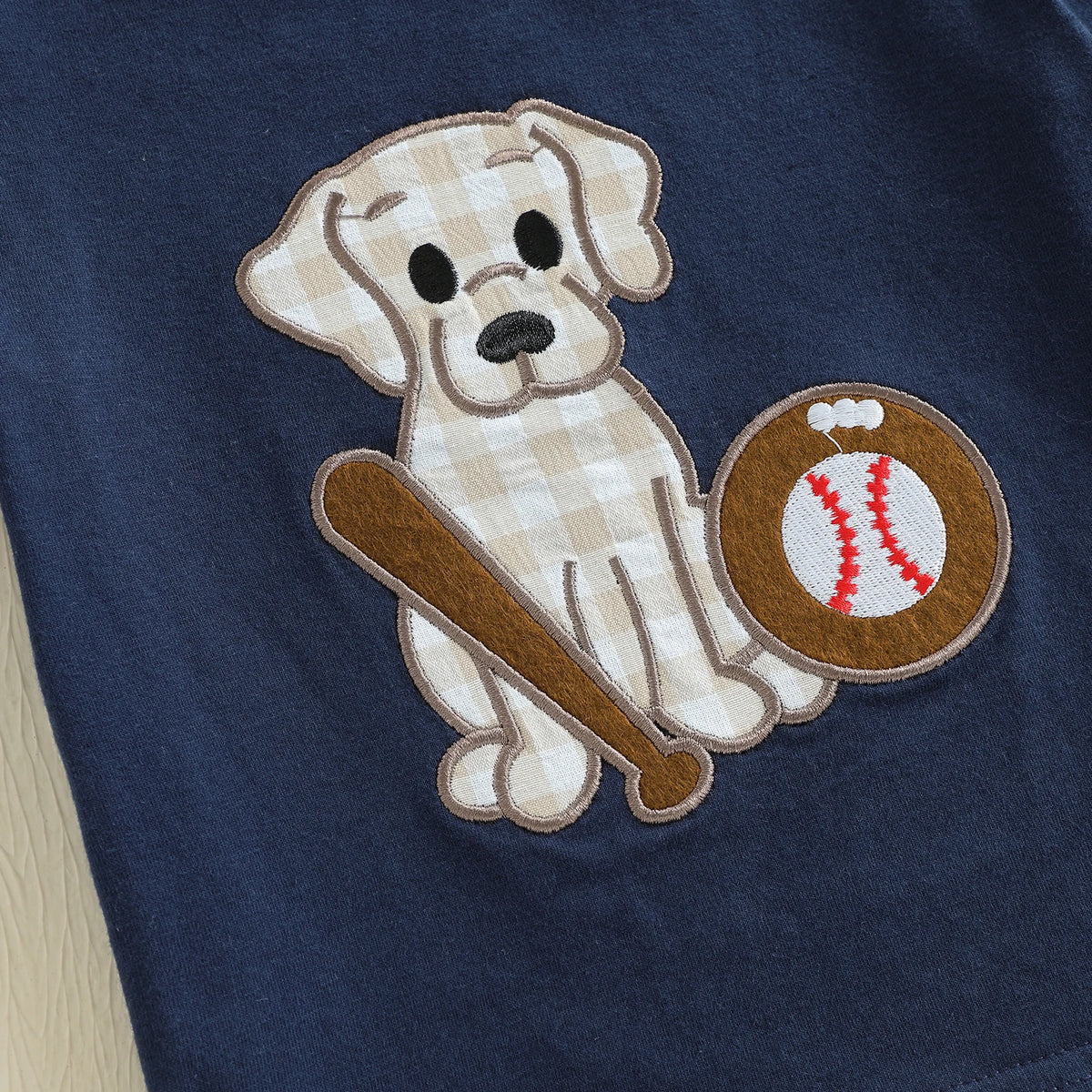 Dog &amp; Baseball Top with Checked Shorts Set