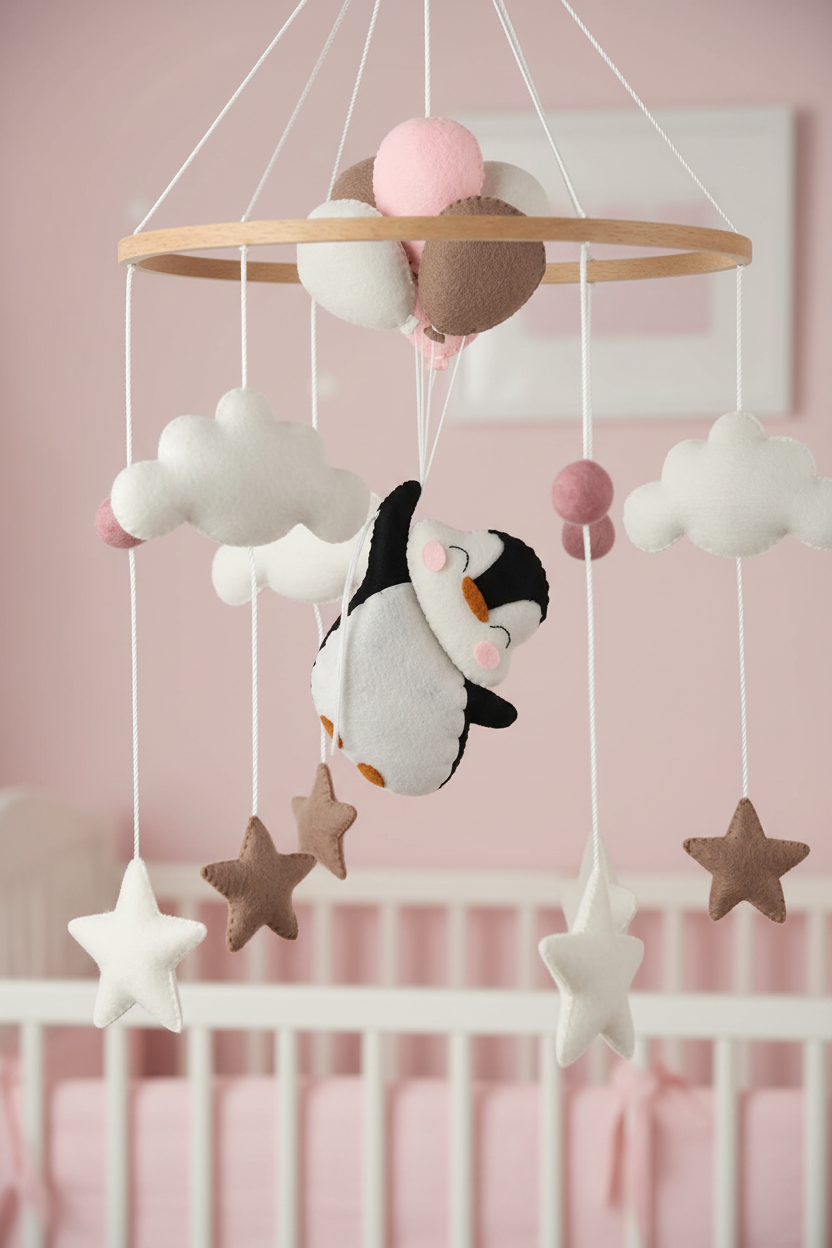 Penguin Baby Mobile with Pink Balloons | Pink Nursery Mobile Decor