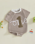 - “One” First Birthday Romper Baby Stork