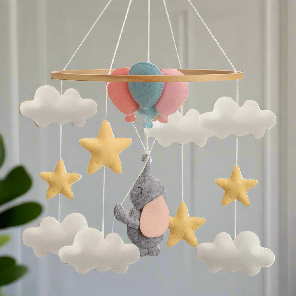 - Elephant Baby Mobile – Clouds, Stars & Balloons Nursery Hanging | Handmade Crib Decor Baby Stork Baby Mobile
