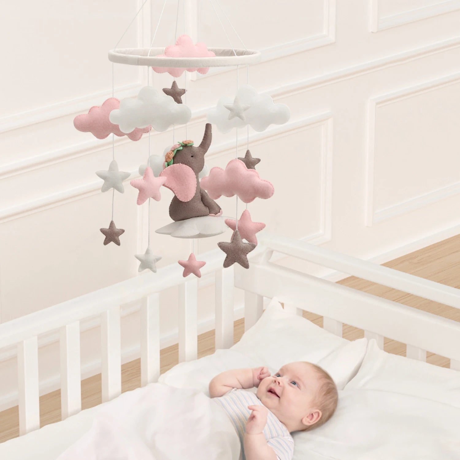- Pink Elephant Cloud Baby Mobile – Whimsical Nursery Décor Baby Stork