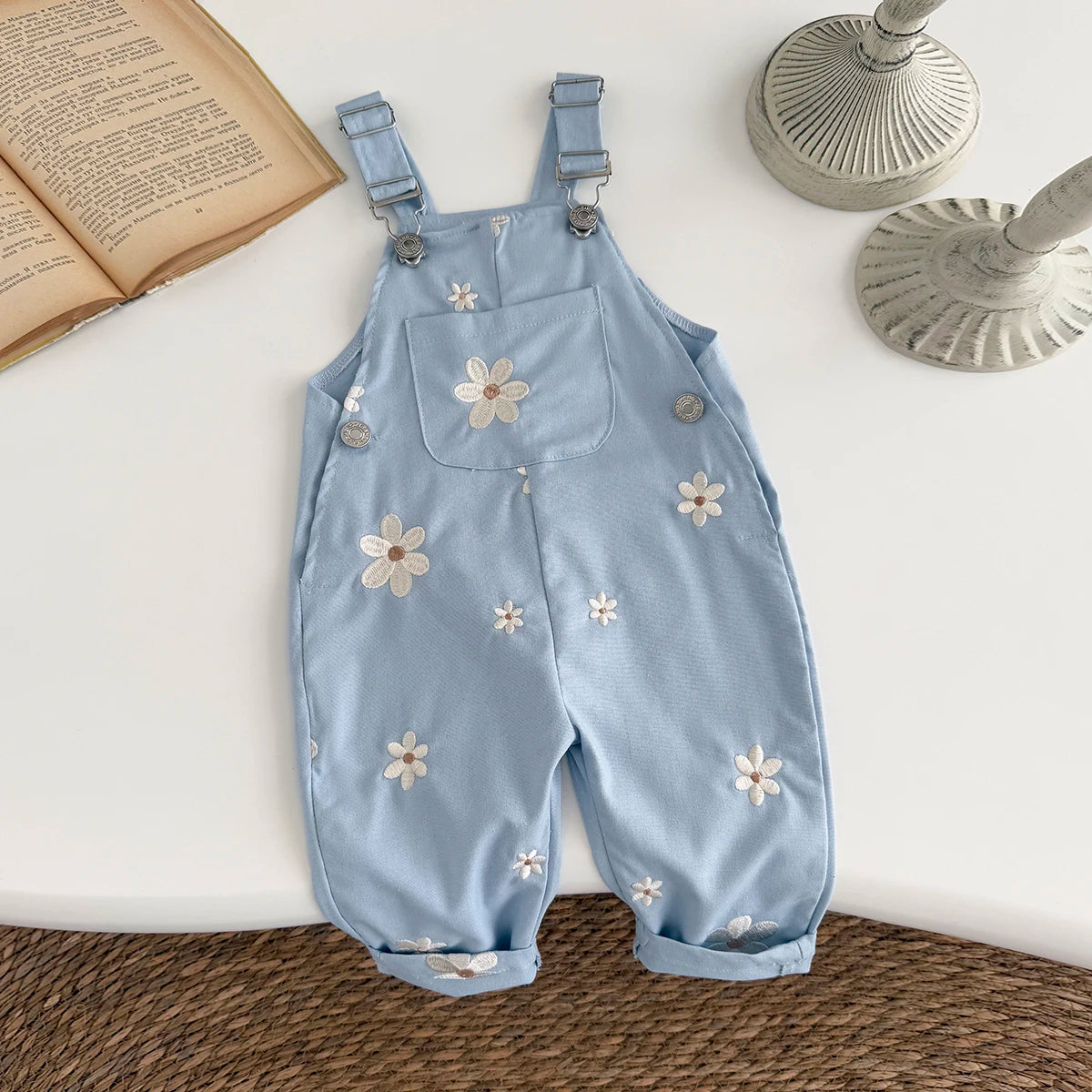 - Daisy Embroidered Overalls – Soft Blue Cotton Baby Stork