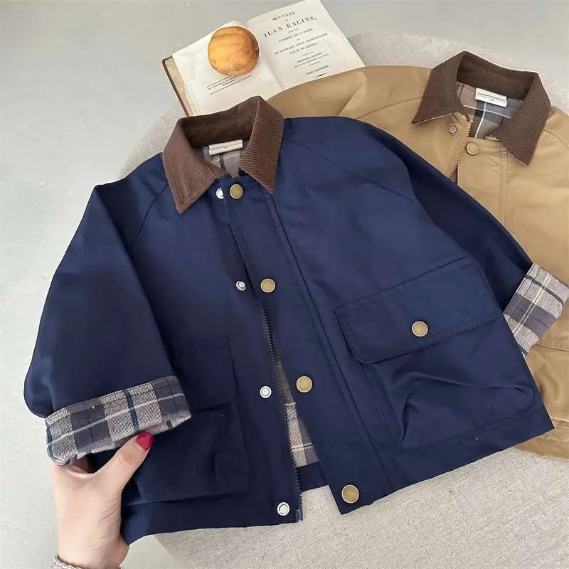 Kids Check Detail Collared Jacket