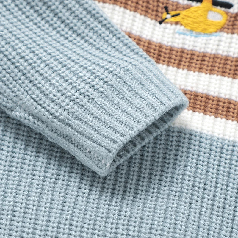- Light Blue Vehicle Knit Sweater – Soft & Warm Striped Baby Jumper Baby Stork