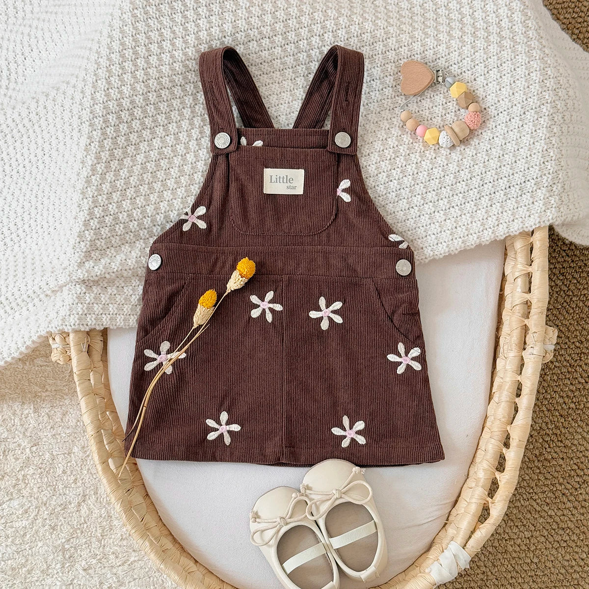 - Chocolate Corduroy Overall Dress – Embroidered Daisy Pinafore Baby Stork