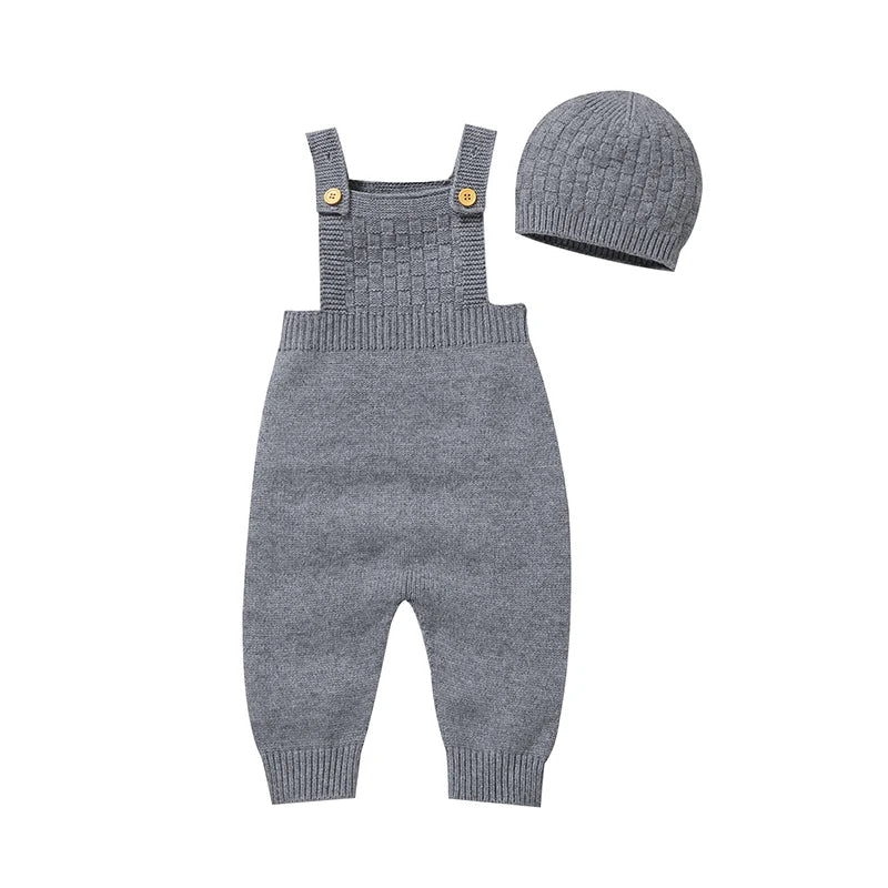 Gray - Knit Baby Overalls & Hat Set Baby Stork