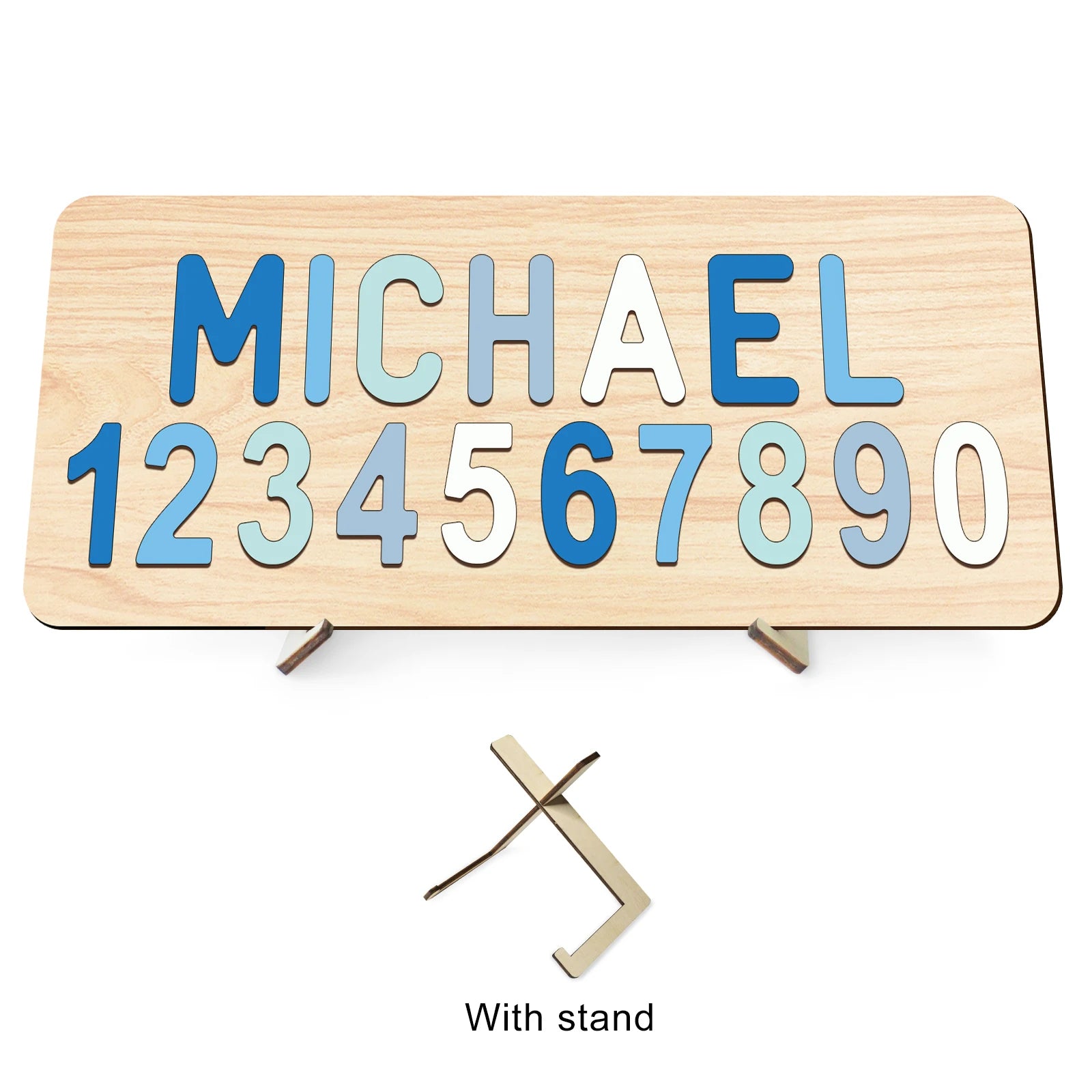 Ocean Blue With Stand - Custom Wooden Name &amp; Number Puzzle – Personalised Educational Toy Baby Stork